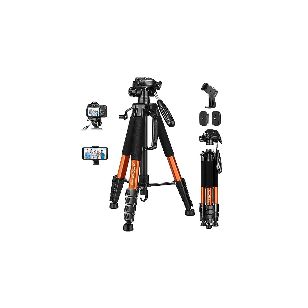 Camera Tripod for Canon Nikon, 74" Lightweight DSLR Tripod Camera Stand with Detachable Head and Universal Phone Mount, Reinforced Aluminum Tall