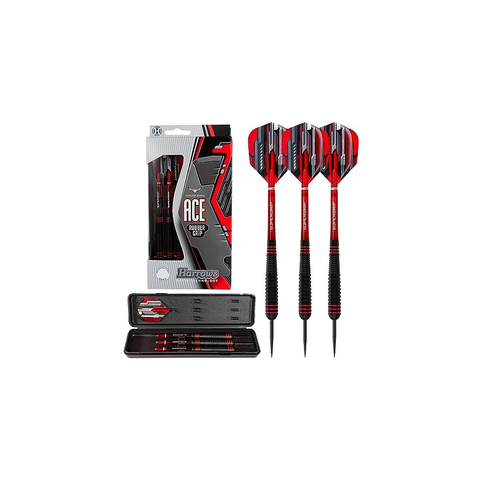 Ace Rubber Brass Steel Tip Darts Set 20g, 22g, 24g & 26g - Includes Supergrip Shafts, Micron Marathon Flights & Travel Case (24 g)