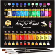 Acrylic Canvas Paint Kit with 3 Kids Brushes for Crafts, Paper, Rock Painting, Wood,Ceramic & Fabric Vibrant 24 Colours