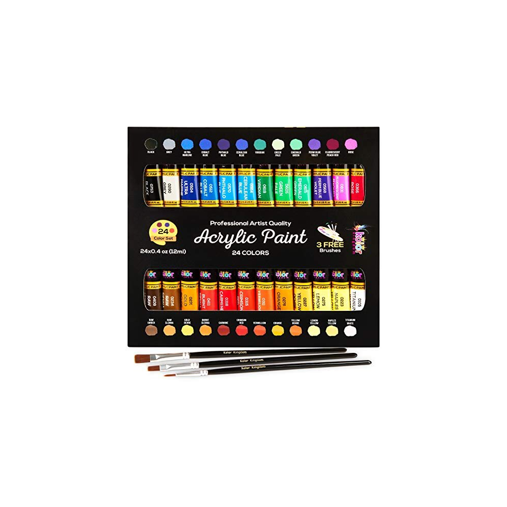 Kolor Kingdom Acrylic Canvas Paint Kit With 3 Kids Brushes For Crafts, Paper, Rock Painting, Wood,Ceramic & Fabric Vibrant 24 Colours