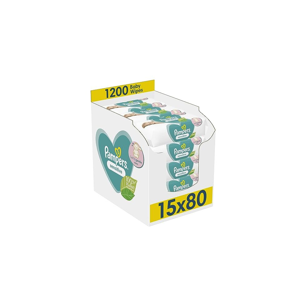 Sensitive Baby Wipes 15 Packs Of 80 = 1200 Baby Wet Wipes, Unscented, For A Soft And Gentle Clean Pampers