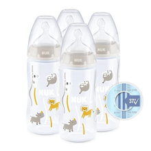First Choice+ Baby Bottles Set | 0-6 Months | Temperature Control | Anti Colic Vent | 300 ml | BPA-Free | Silicone Teat | Safari (Beige) | 4 Count