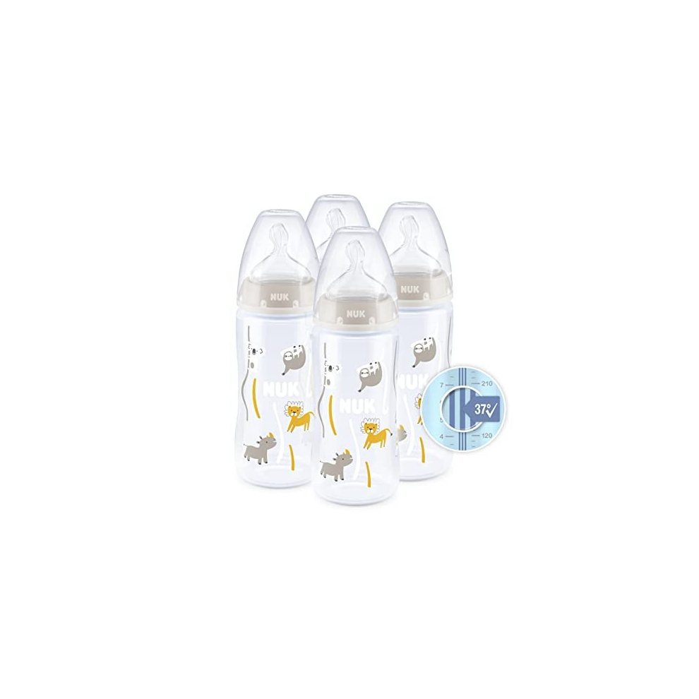 First Choice+ Baby Bottles Set | 0-6 Months | Temperature Control | Anti Colic Vent | 300 ml | BPA-Free | Silicone Teat | Safari (Beige) | 4 Count