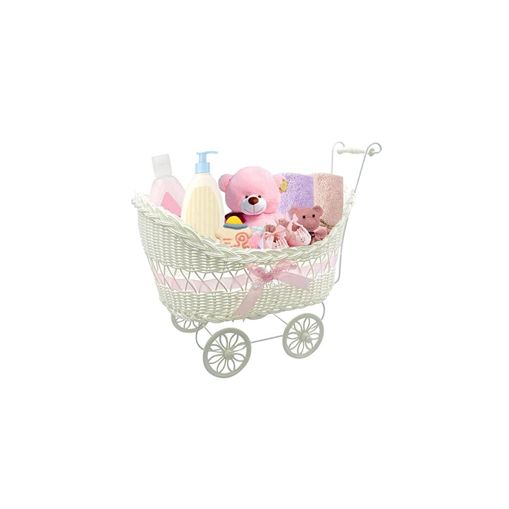 Baby Pram Hamper Wicker Toy Basket with Handles and Wheels Great Gift for Boy & Girl Baby Showers or Newborn Baby Gifts (Pink)