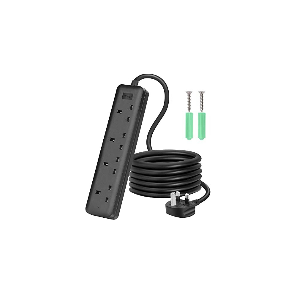 Black Extension Lead 1m Extension Cord 4 Way Multi Plug Socket Extensions,3250W Heavy Duty Power Strip, Short Cable Electric Socket, Slim Small for