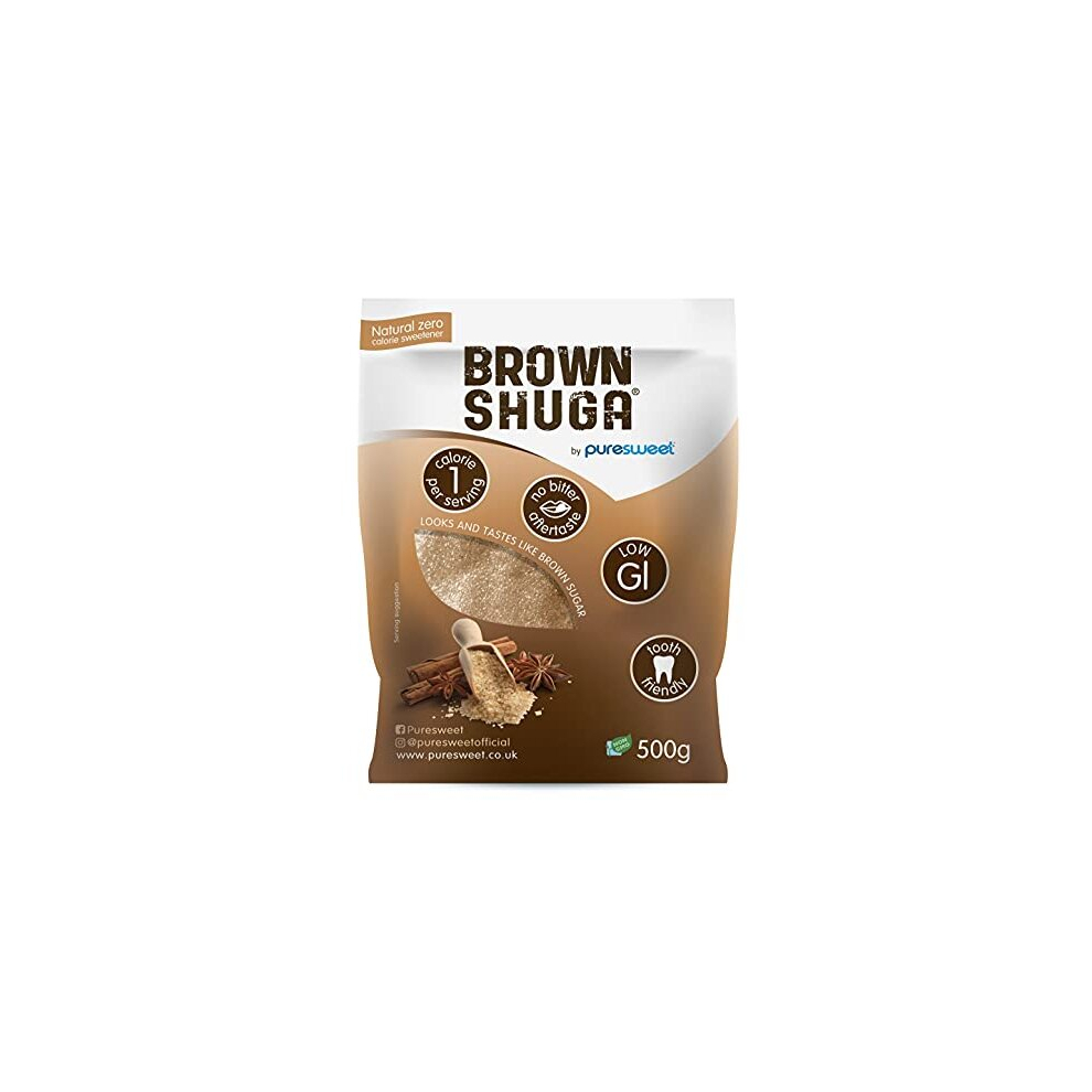 Brown Shuga by Puresweet 500g, Natural Brown Sugar Alternative, No Bitter Aftertaste, Keto and Diabetic Friendly, Non GMO, Vegan, with Stevia.