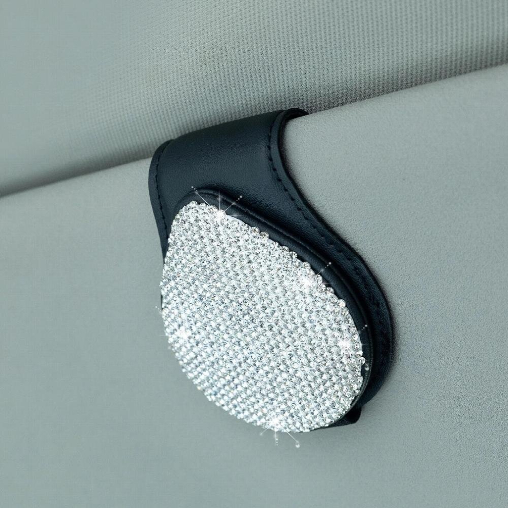 Pu Rhinestone Diamond Decoration Clip Sun Visor Glasses Bracket Bill Clip Car Interior Supplies Portable Sunglasses Eyeglasses White 885672086800