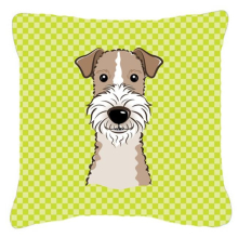 Checkerboard Lime Green Wire Haired Fox Terrier Fabric Decorative Pillow- 14 x 14 In.