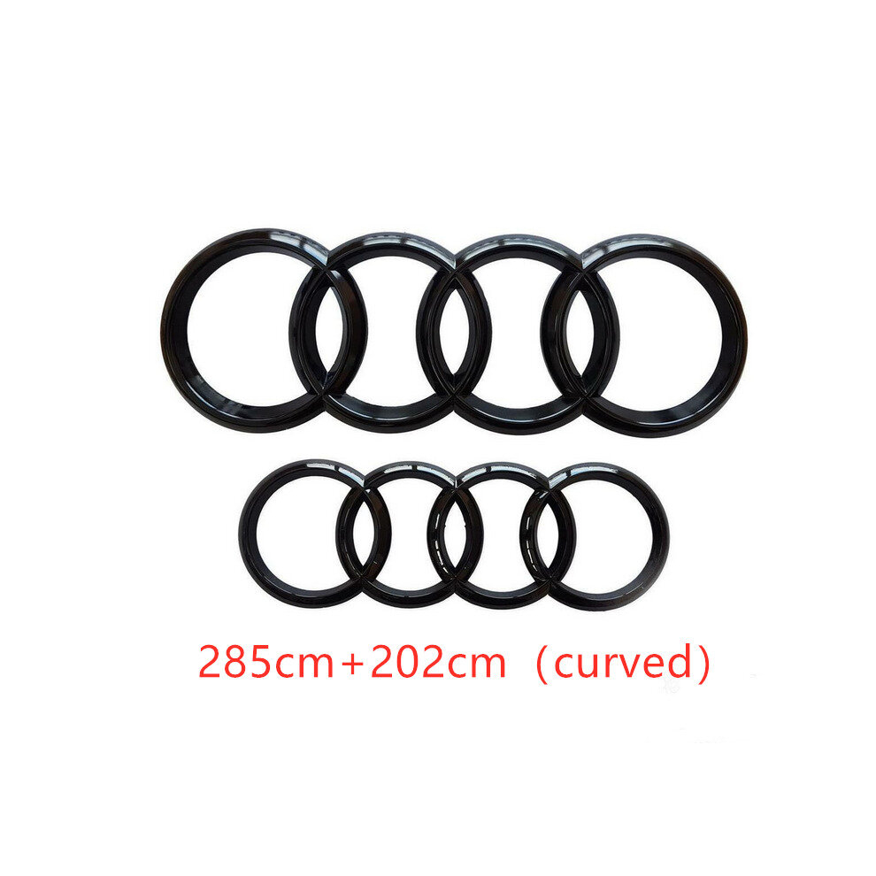 (Black Gloss, 285mm+202mm Curved) Audi Rings Logo Front Grill & Rear Trunk Emblem