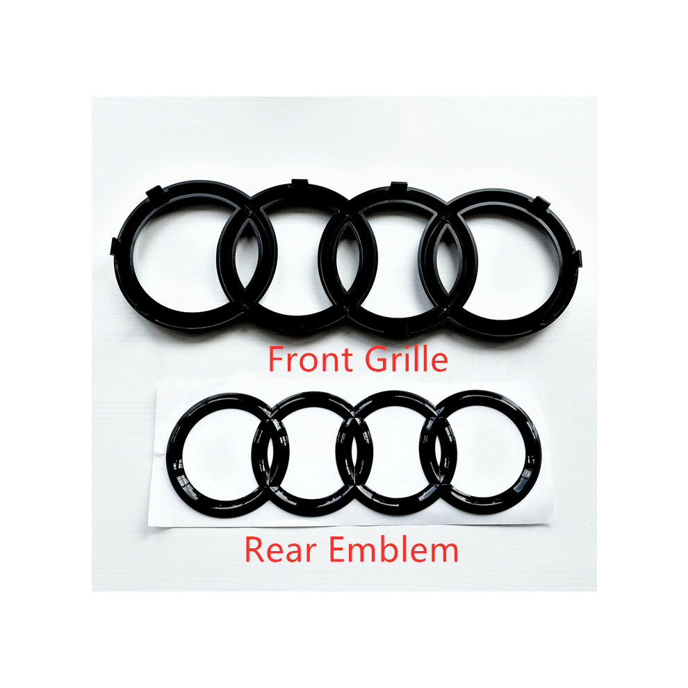 (Black Gloss, 285mm+192mm Flat) Audi Rings Logo Front Grill & Rear Trunk Emblem