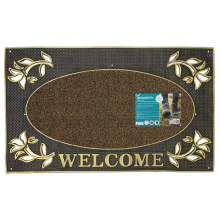 JVL Welcome Metallic Look Rectangular Floral Hard Wearing PVC Entrance Floor Door Mat, Gold/Black, 45 x 75 cm
