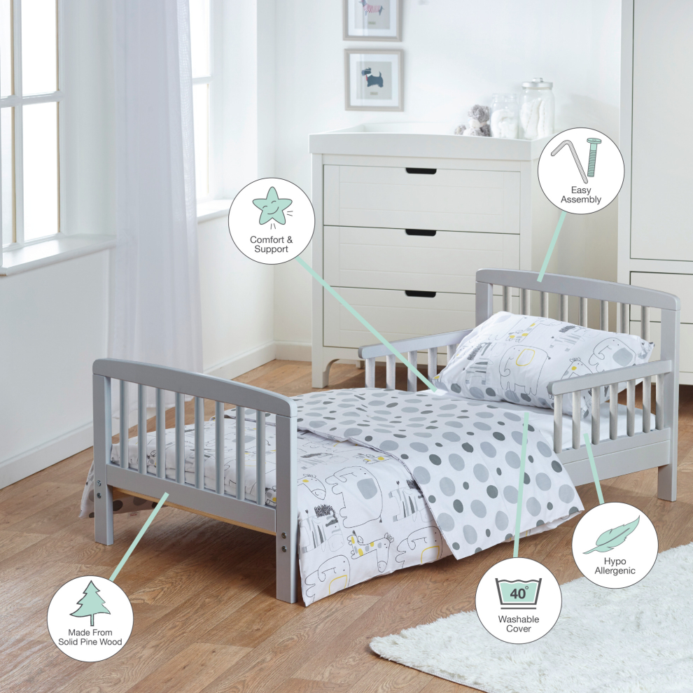 Grey toddler bed with Kinder Flow Mattress  Safari Friends Bedding 7pc