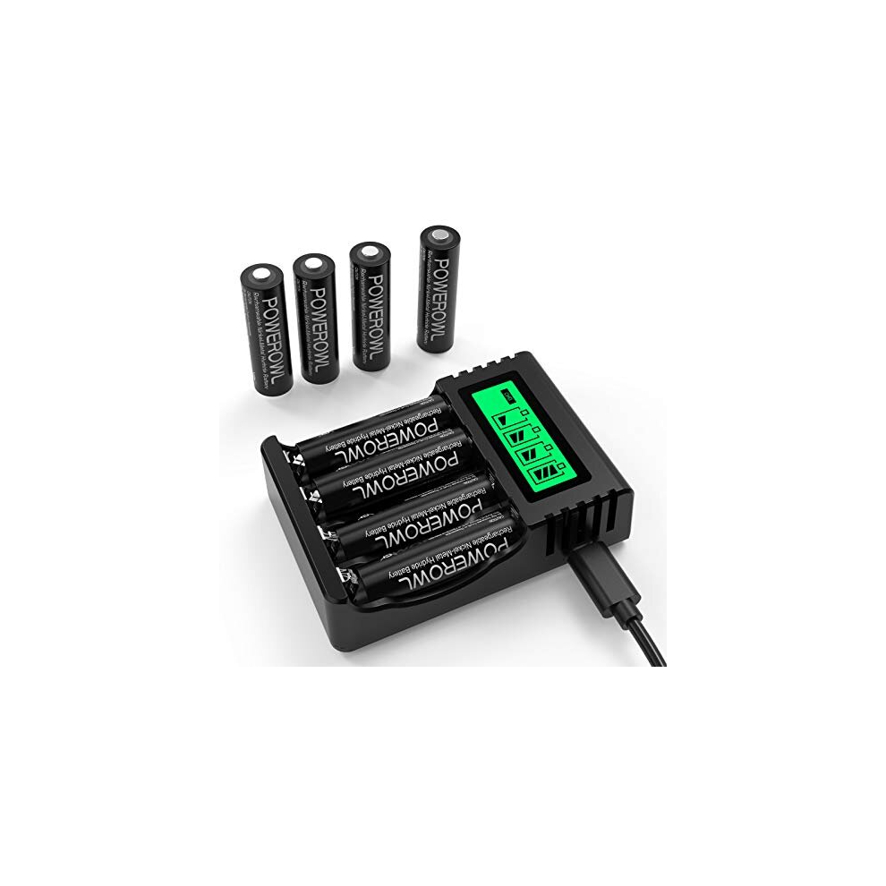 Rechargeable Battery AA with Charger, POWEROWL 8 Pcs AA Rechargeable Batteries 2800mAh Ni-MH Double A Batteries with Smart 4 Bay Battery Charger (USB