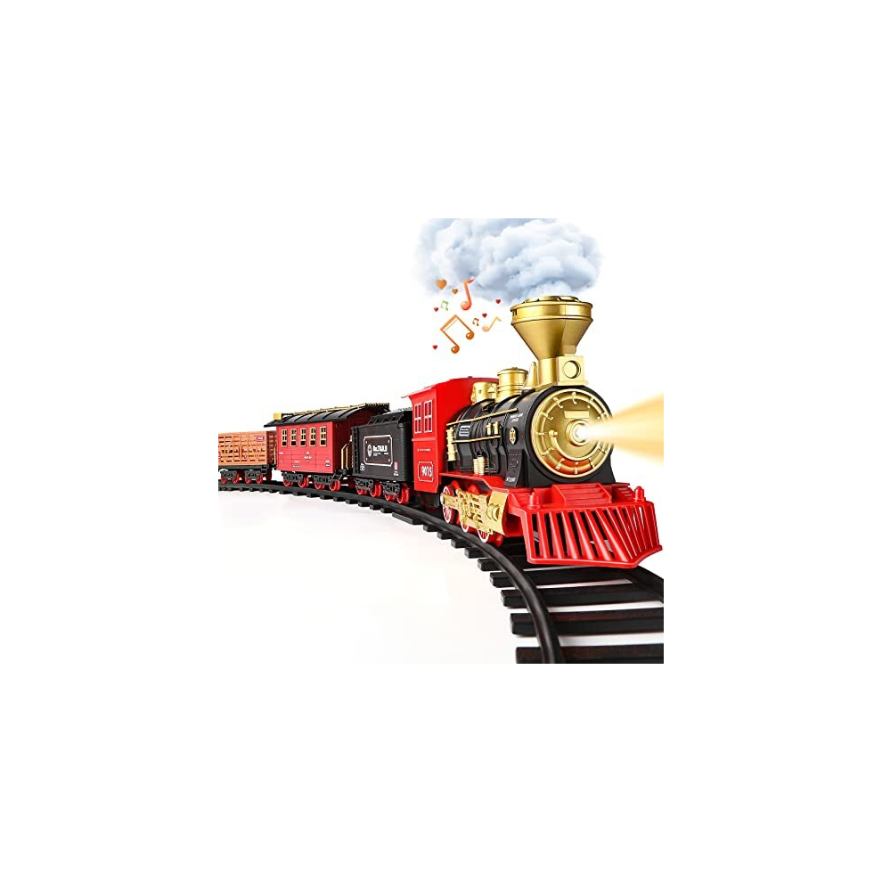 Train Set Toys for Kids with Smoke Light & Sounds, Electric Railway Play trains with Steam Locomotive Engine,Cargo Cars&Tracks, for 3 4 5 6 7 8 Year 