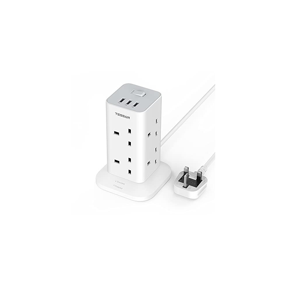 Tower Extension Lead with 3 USB Slots, TESSAN 8 Way Multi Plug Extension Tower, Surge Protection Extension Cord with Switch, Plug Socket Tower Power