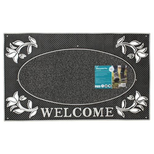 JVL Welcome Metallic Look Rectangular Floral Hard Wearing PVC Entrance Floor Door Mat, Silver/Black, 45 x 75 cm