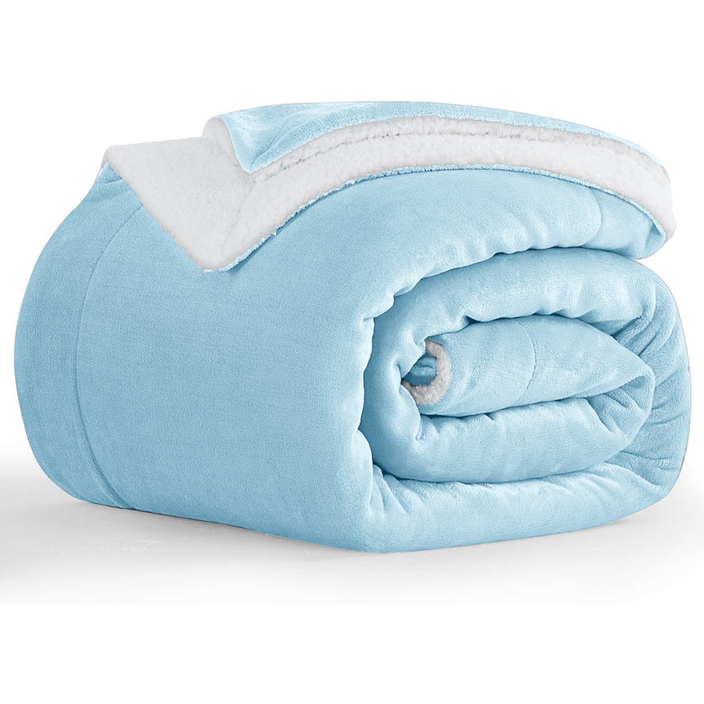 (Double : (150 x 200)CM, Sky Blue/ Light Blue Sherpa- Throw Blankets) Sherpa Fleece Throw Blanket Soft Warm Plush Thick