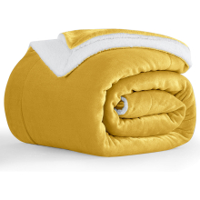 (Double : (150 x 200)CM, Ochre/ Yellow Sherpa- Throw Blankets) Sherpa Fleece Throw Blanket Soft Warm Plush Thick