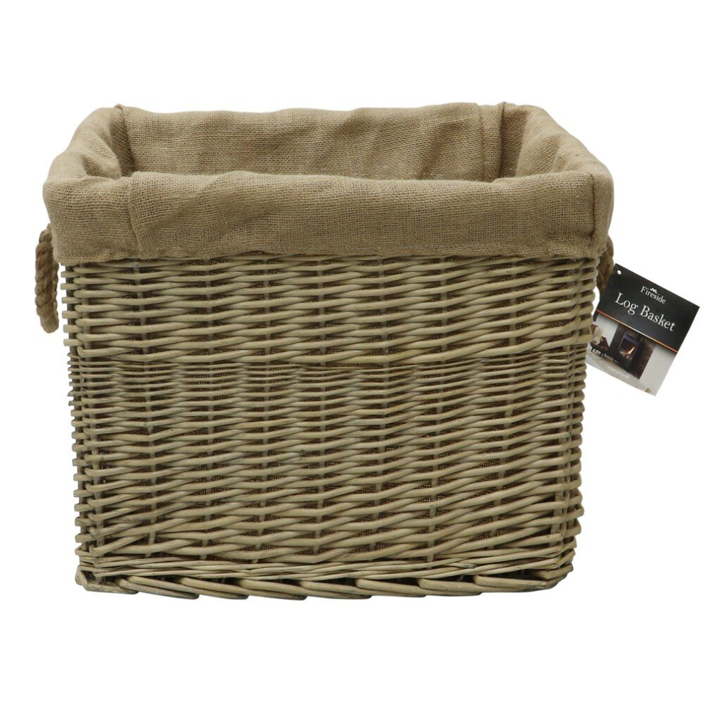 Jvl Antiques Wash Canvas Lined Rectangle Log Basket With Rope Handles