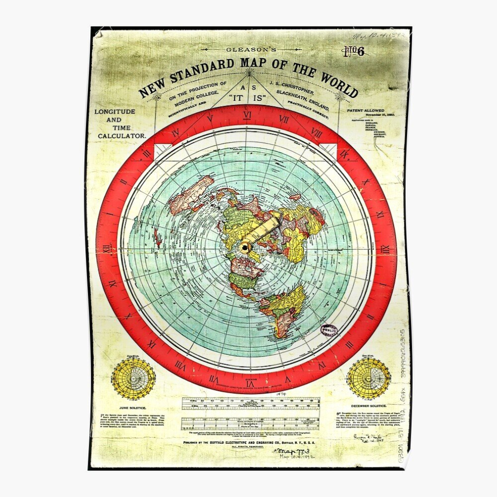 Posters Gleason 1892 Flat Earth Map Research Flat Earth 16x20 inch or 20x20 inch Wall Art Soccer Print