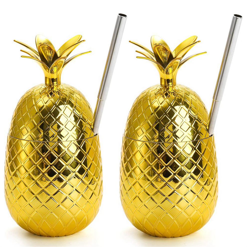 2 Pack Pineapples Drink Cups, 450Ml Gold Pineapples with Stretched Straw, Hawaiian Luau Party Cups