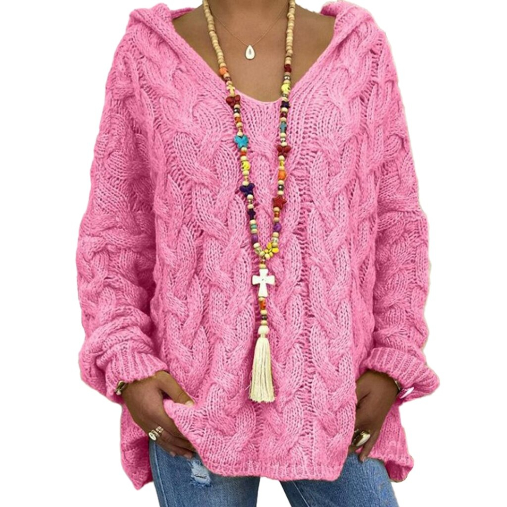 (Pink, L) Women's Solid Color V Neck Pullover Tops Loose Casual Long Sleeve Cable Knit Sweatershirt Tops with Hood