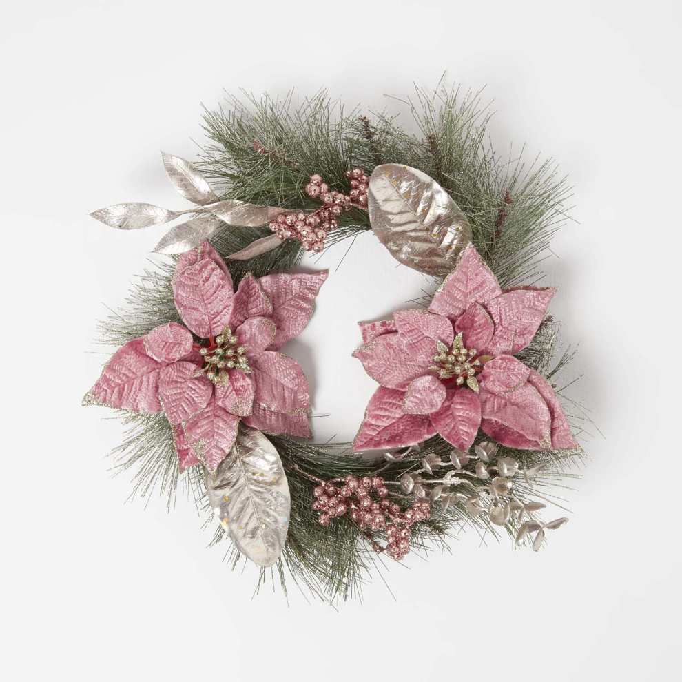 Homescapes Pink Poinsettia Christmas Wreath, 45 Cm