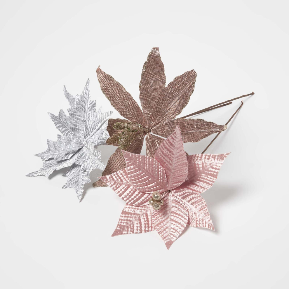 Artificial Set of 3 Pink Poinsettia Single Stem Decorations