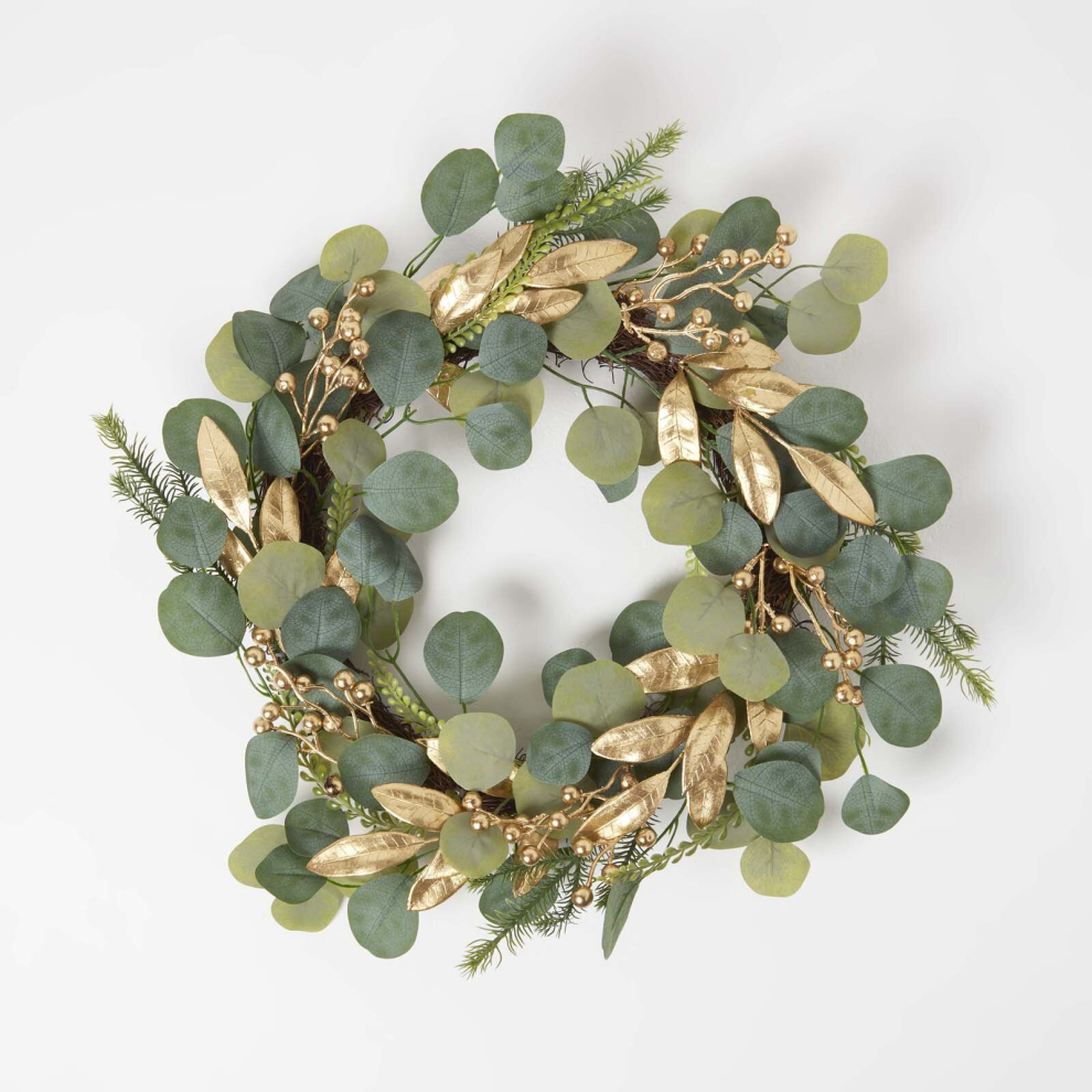 Homescapes Green & Gold Eucalyptus Christmas Wreath, 56 Cm Green,Gold
