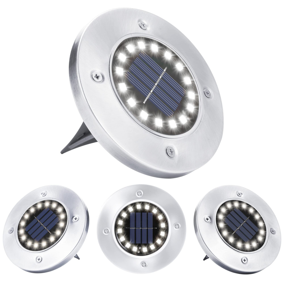 Solar Garden Light, 4 Pieces 16 LED Solar Powered Outdoor Ground Light Waterproof Stainless Steel Recessed Spotlight, Cool White