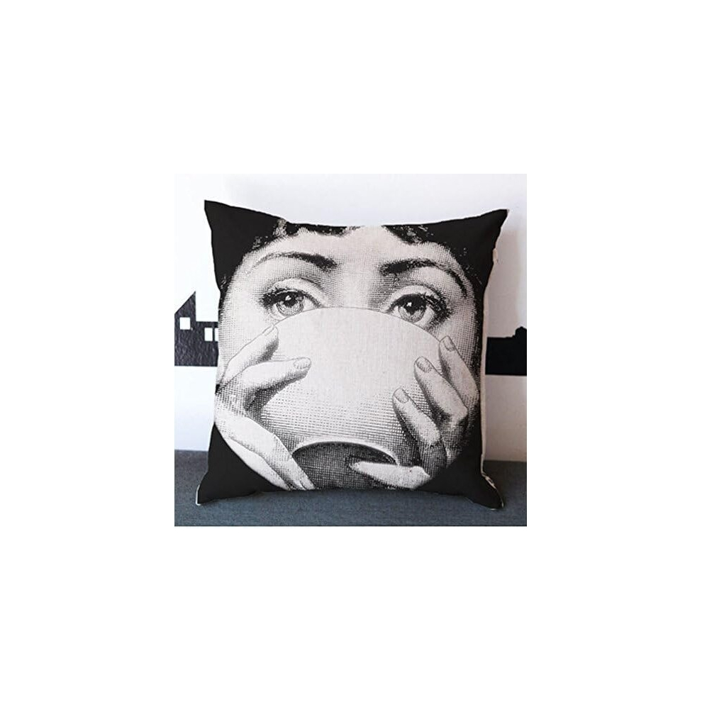 Cotton Square Throw Pillow Case Cushion Cover Throw Pillow Shell Pillowcase for Sofa Fornasetti faceTea cup Tea (45cmx45cm)