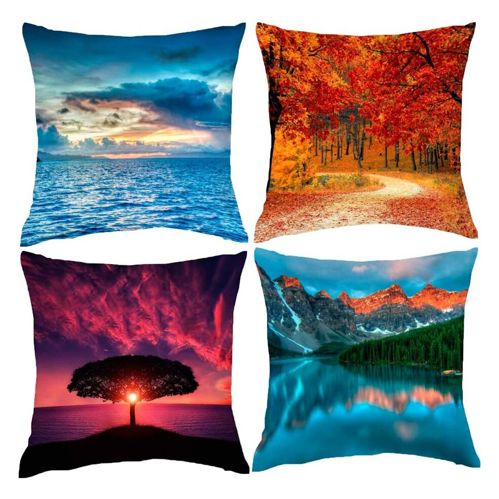 Nature Cushion Covers Set of 4 Decorative Pillow Covers Sea Fall Tree Mountains Series Square Pillow Cases 18x18 inches-image-OPC-PCRQ6SM-NEW