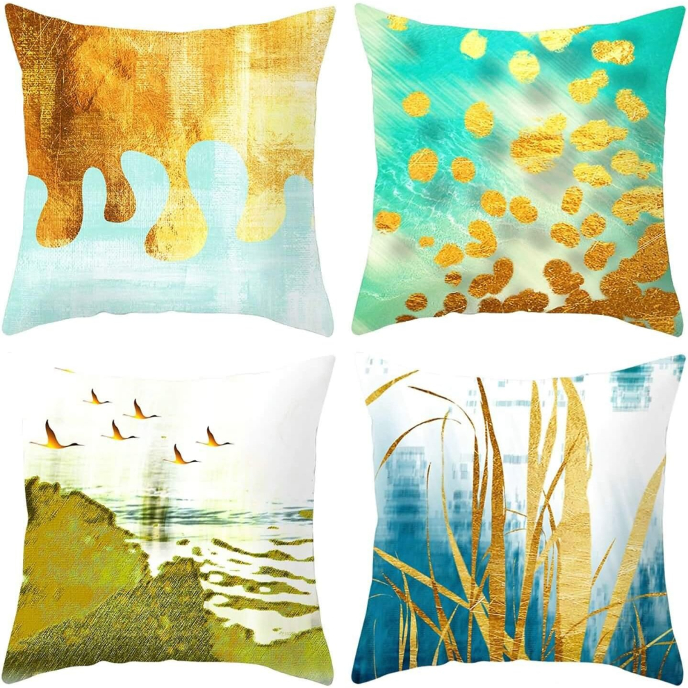 Pillow Cases 4 Pack Pillow Covers Xmas, Leaf Grass Birds Cushion Covers 45x45cm Throw Cushion Covers for Living Room Gold Green-image-OPC-PCRQHCH-NEW