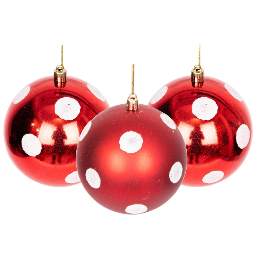 (Polka Dots, 6 Pieces) Shatterproof Christmas Baubles Assorted Matte Glitter Finish 10cm Festive Decoration