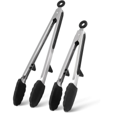 Kitchen Tongs Premium Stainless Steel Grill Tongs With Non-Stick Silicone Tips,2 Pack(9"&12"),Black