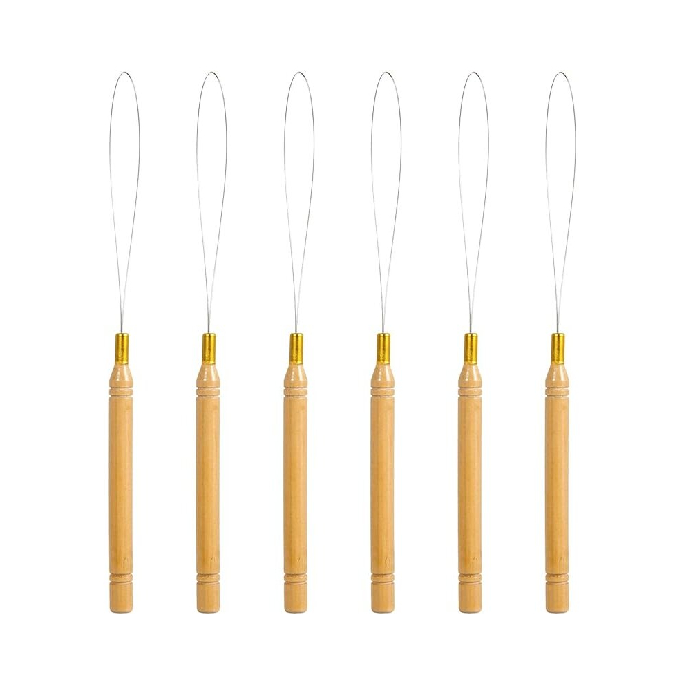 Ifsecond 6 Pieces Wooden Hair Extension Loop Needle Threader Wire Pulling Hook Tool For Beads And Feathers