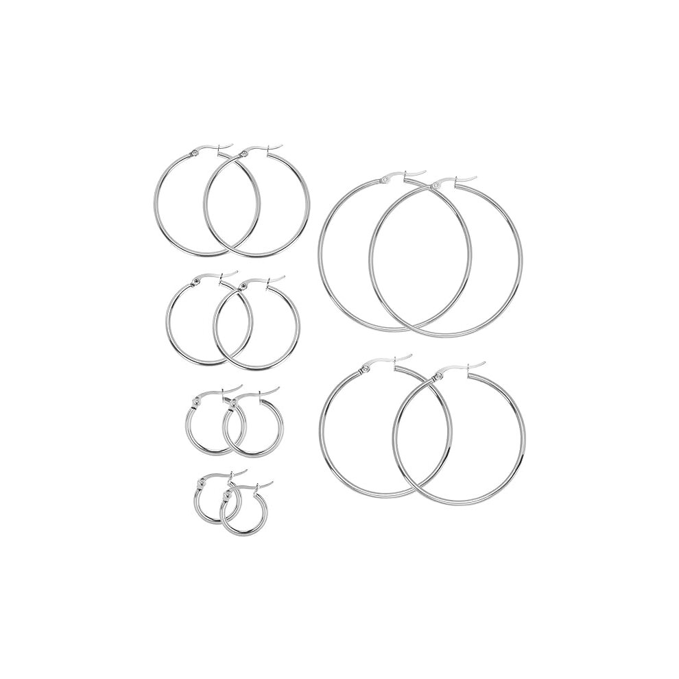 6 Pairs of Stainless Steel Large Hoop Earrings Set for Girls and Women, Silver