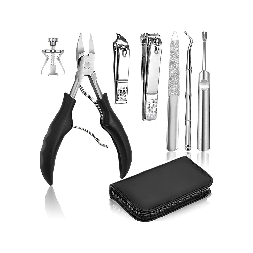 Ifsecond 7 Pcs Thick Ingrown Toenail Clipper Kit With Nail Clippers, Nail File, Toenail Corrector, Pu Leather Case For Ingrown Thick Hard Toe Nail Fingernail