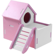 Wooden Hamster House 2 Tier Hut with Ladder Play Nest Cage Exercise Toys for Dwarf Syrian Hamster Gerbil Rat Small Animals Cage Pink Durable