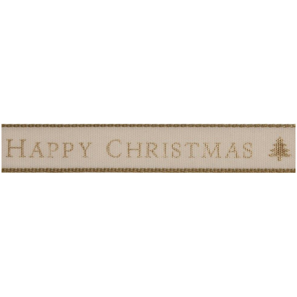 Berisfords 15Mm Happy Christmas Ribbon - Natural - Per Metre