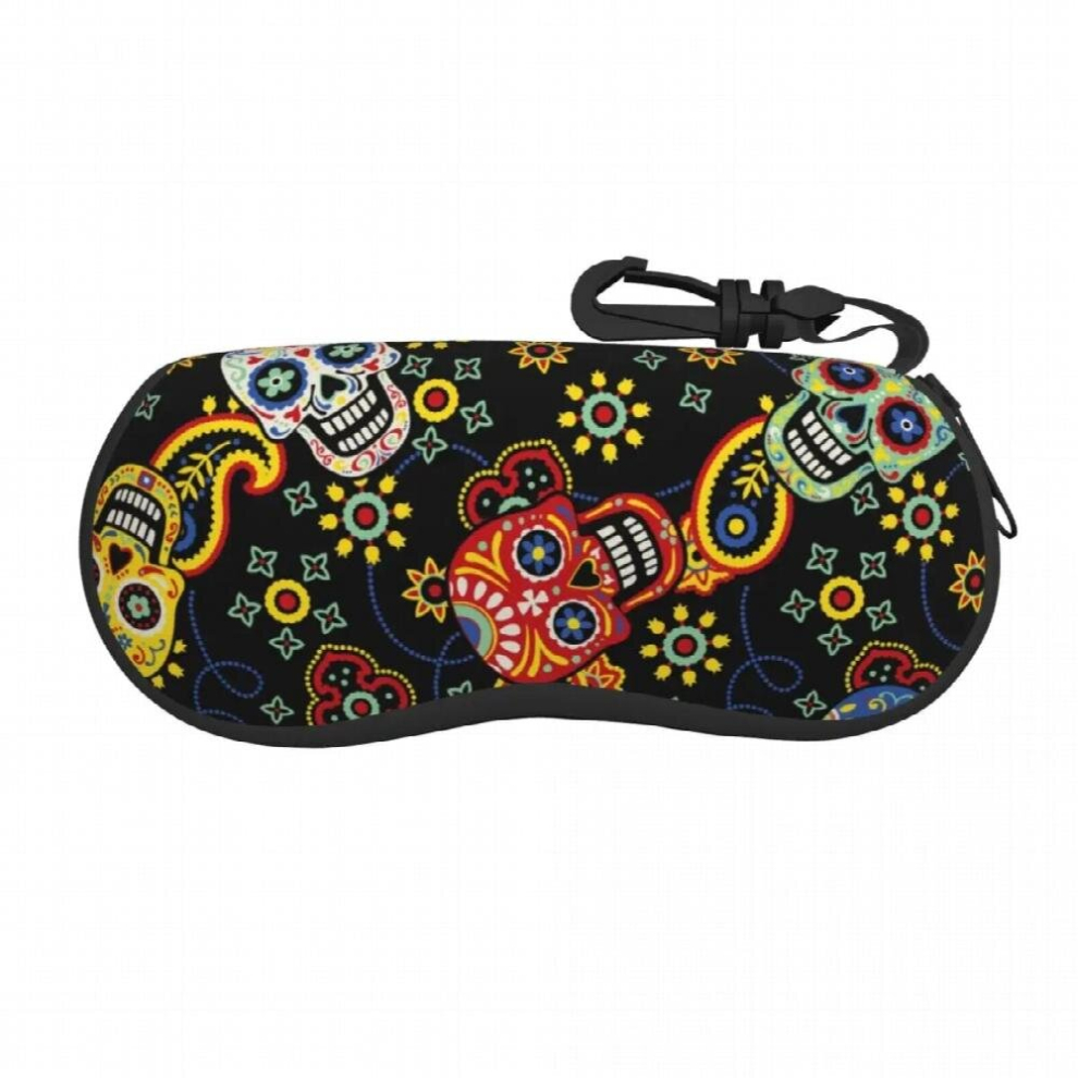 Portable Eyewear Case Of The Dead Skulls With Bandana Paisley Sunglasses Soft Box With Lanyard Zipper Eyeglass Protector