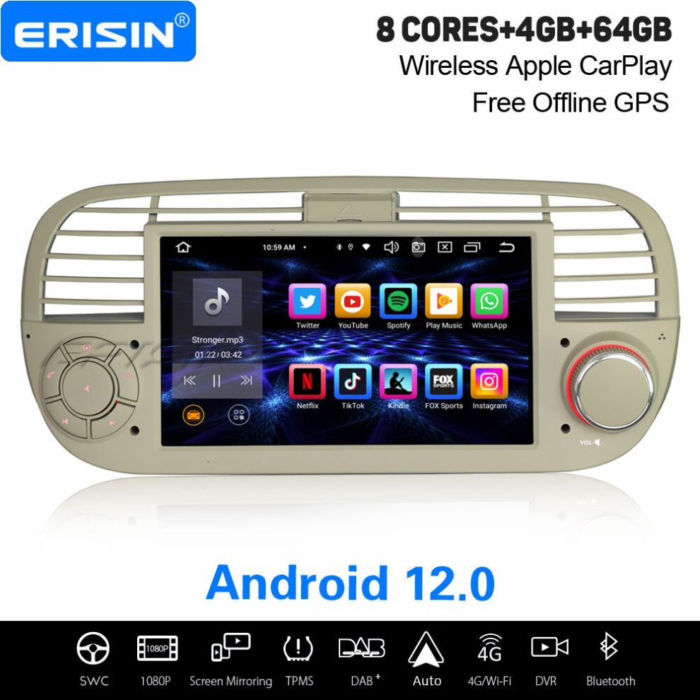 Octa-Core Android 12 Car Stereo For Fiat 500 DAB+ Satnav Radio CarPlay Android Auto DSP Bluetooth 5.0 WiFi 4GB+64GB