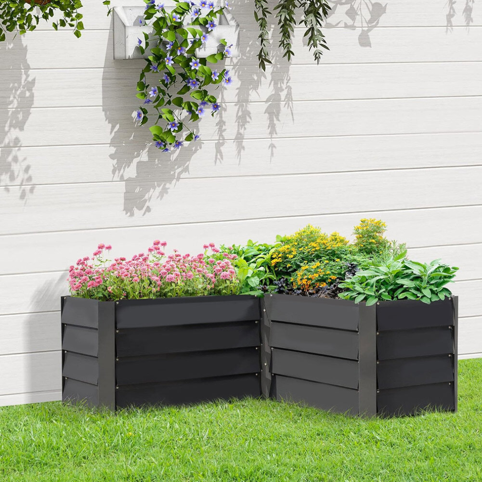 Outdoor Metal L-Shaped Raised Garden Bed, Charcoal Black