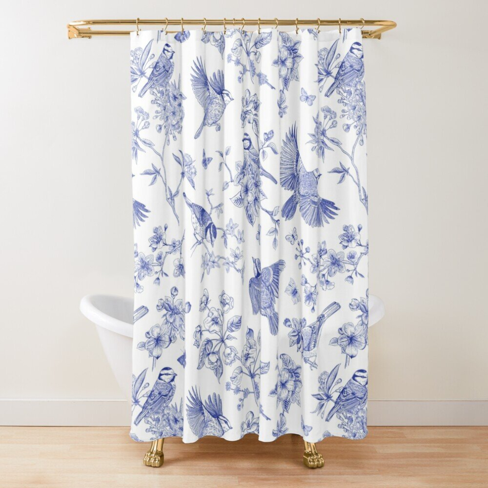 Shower Curtains Vintage Blue Toile Birds French Country Pattern for Bathroom Decor 72x72 inches