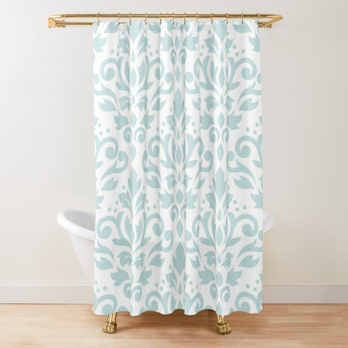 Shower Curtains Scroll Damask Lg Pattern Duck Egg Blue on Wt for Bathroom Decor 72x72 inches