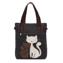 (Black) 2024 Women's Canvas Handbags Cute Cat Tote Bag Lady Casual Shoulder