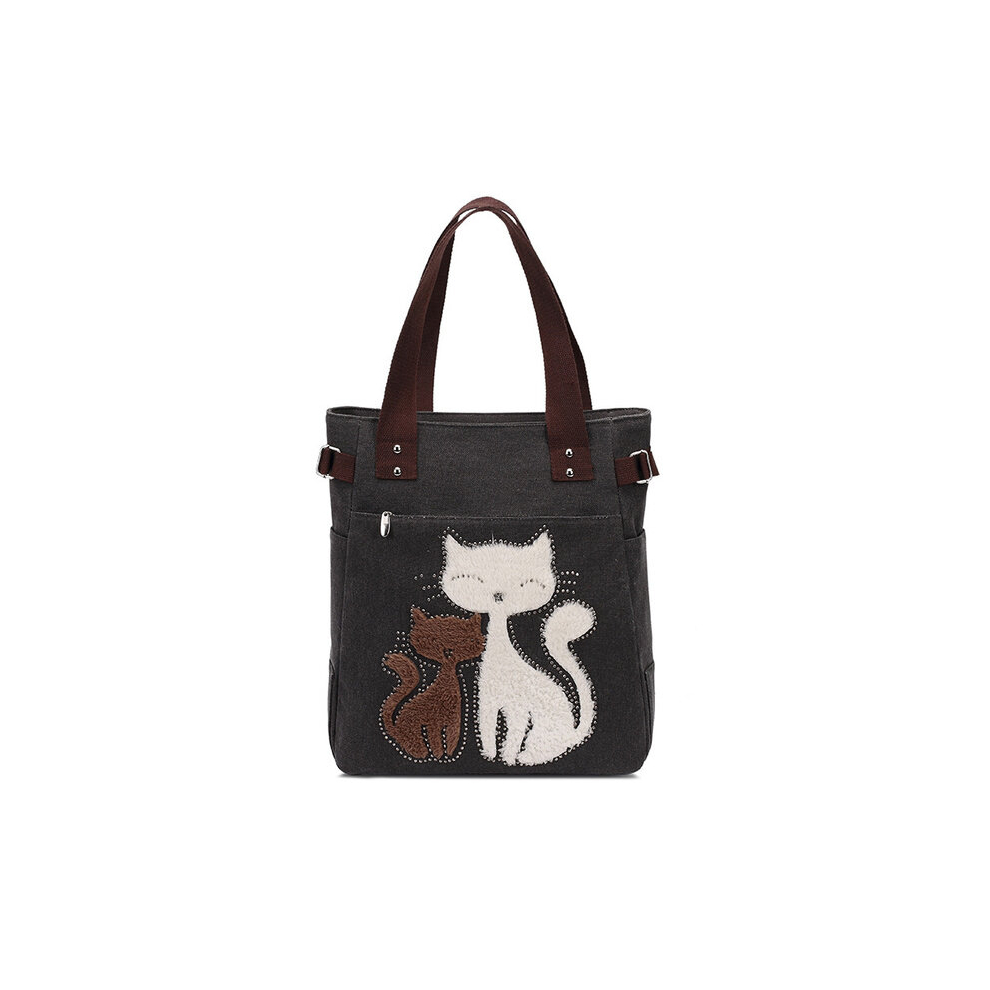 (Black) 2024 Women's Canvas Handbags Cute Cat Tote Bag Lady Casual Shoulder