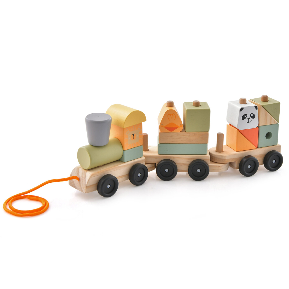 3-Section Wooden Train Toy Set with Stackable Blocks Animal Patterns