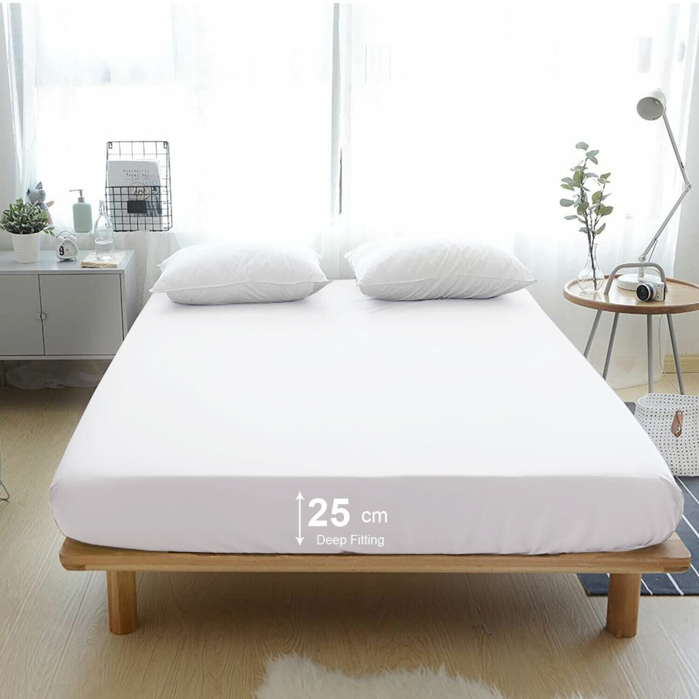 (White, Single) Deep Fitted Sheet Bedsheets For Mattress Bed