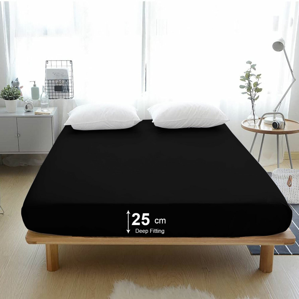 (Black, Super King) Deep Fitted Sheet Bedsheets For Mattress All UK Size